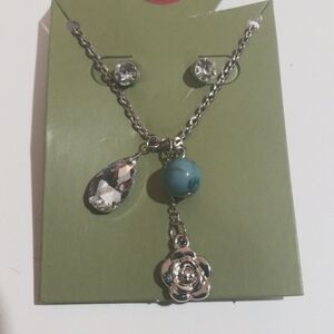 Silver-Tone Crystal, Blue Bead & Flower Pendant Necklace with Earrings - Women's